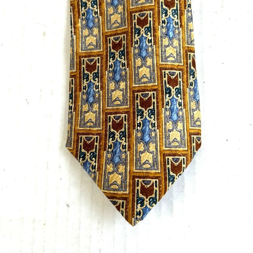 Ermenegildo Zegna Mens 100% Silk Tie Gold Blue Geometric Disegno Esclusivo Italy